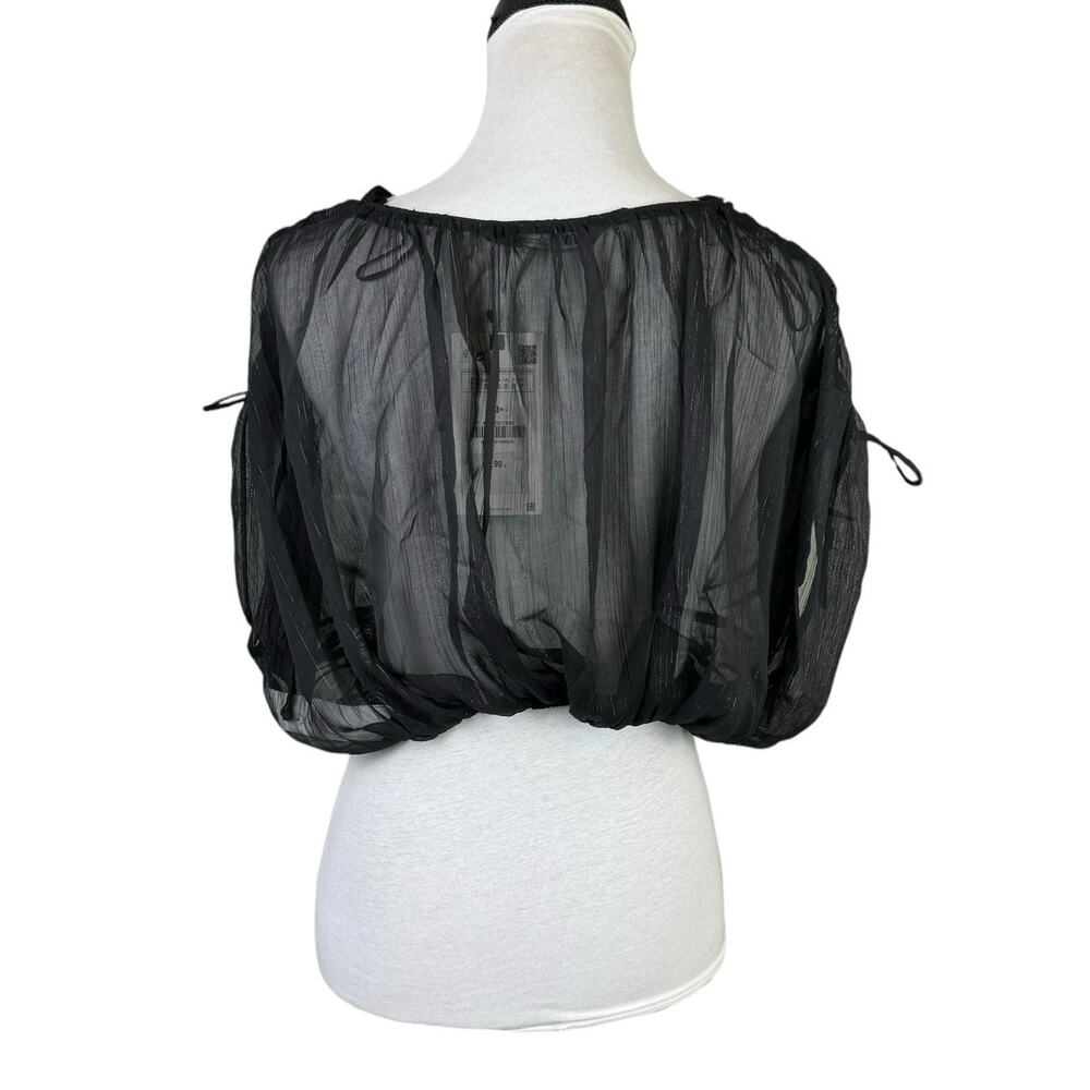 ZARA NWT Metallic Thread Black Sheer Crossover Oversized Crop Top Blouse - Picture 6 of 12